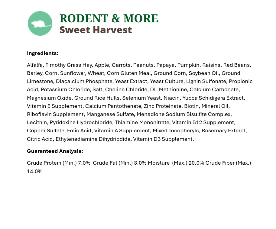 Sweet Harvest Rodent & More Food 2 lb