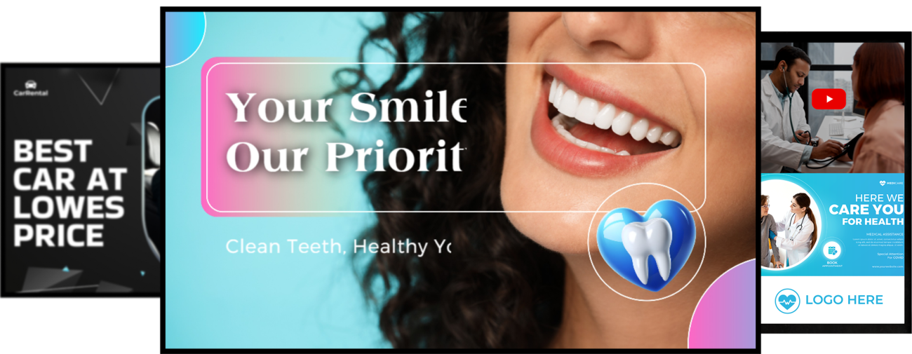 EZAdTV digital signage software displaying versatile screen examples for various industries, including car rentals, dental clinics, and healthcare facilities.
