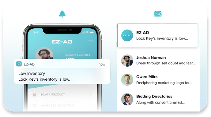 EZ-AD system sending automated low inventory alerts and stock updates via mobile push notifications and email.