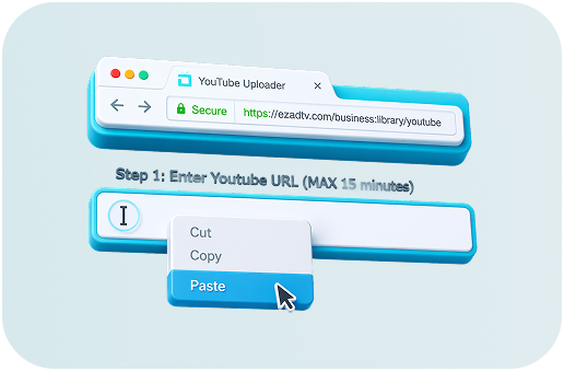 EZ-AD TV YouTube Uploader: pasting the copied YouTube video URL into the input field.