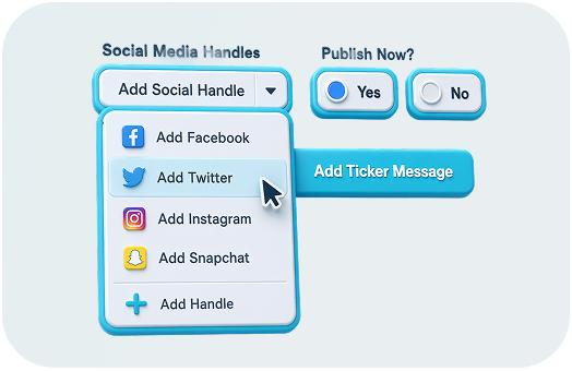 Interface showing social media handle integration for a digital signage ticker, with a dropdown menu selecting Add Twitter alongside Facebook and Instagram options.