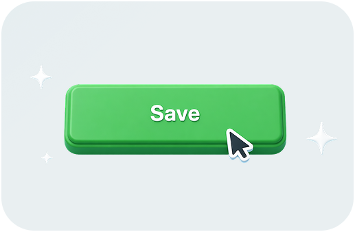 A green Save button with a mouse cursor, illustrating the final step to update and publish ticker settings on a digital display.