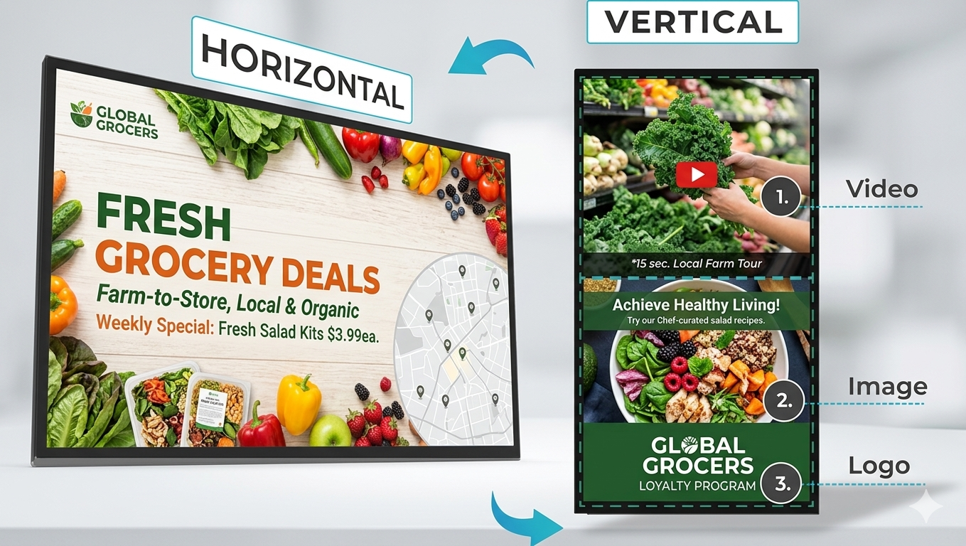 EZ-AD TV digital signage for grocery stores with customizable screen layouts