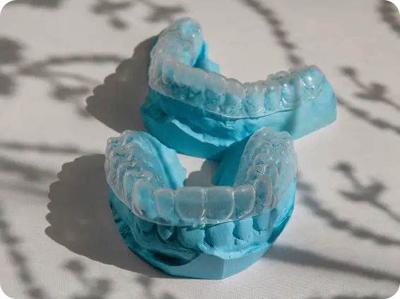 Custom-made dental night guards placed on blue teeth impressions under soft leaf shadows.