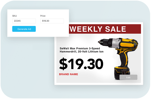 Interface showing options to enter a custom ticker message, add social media handles, and toggle the publish now setting for digital signage.