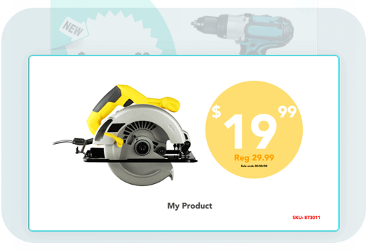 A professionally designed retail sign template showcasing a circular saw with a sale price of $19.99 and a customizable SKU, illustrating the variety of available store signage layouts.
