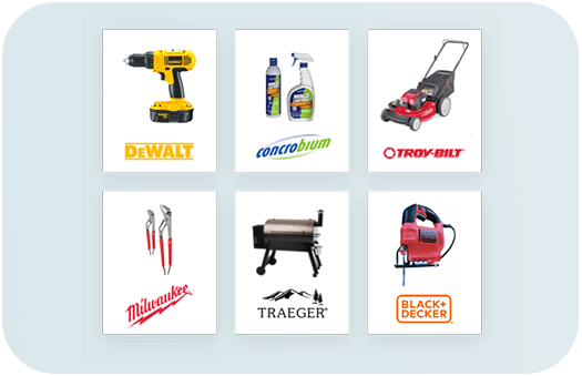 A grid of six example product signs featuring brands like DeWalt, Milwaukee, and Traeger, demonstrating how EZ-AD automatically generates retail signage.