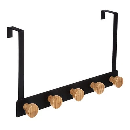 Over-Door 5-Hook Hanging Rack Black Metal and Bamboo