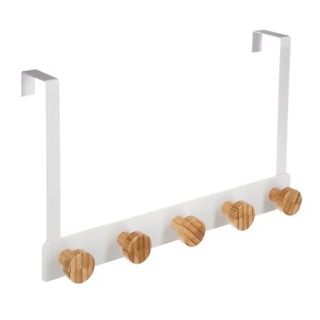 Over-Door 5-Hook Hanging Rack White Metal and Bamboo