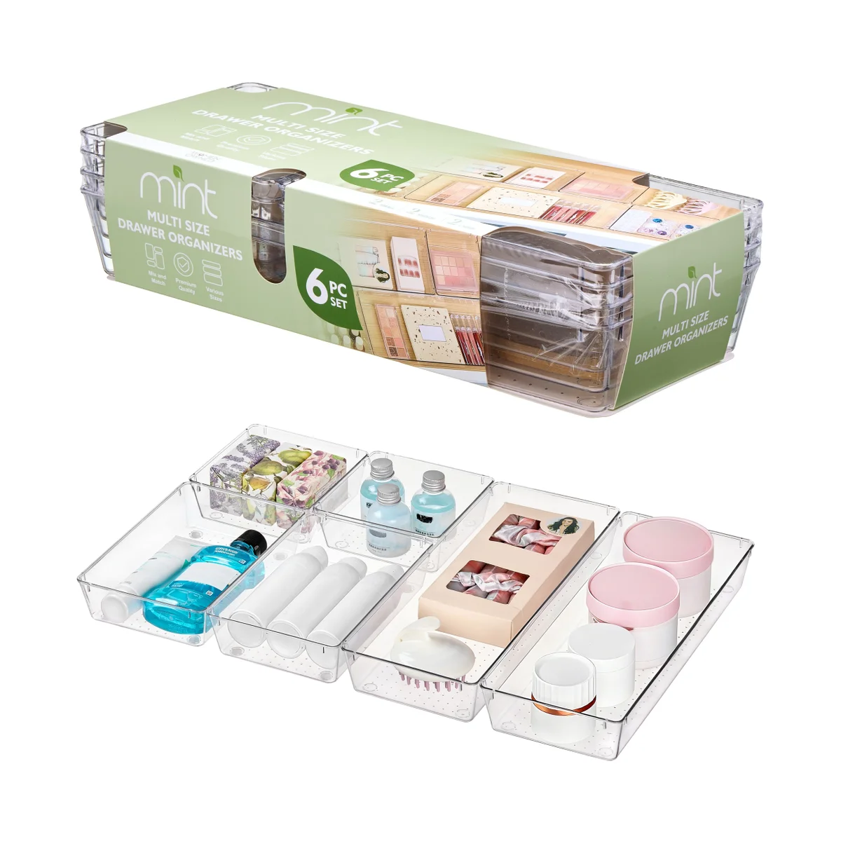 Clear 6-Piece Multi Size Drawer Organizer Set