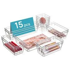 Clear 15-Piece Multi Size Drawer Organizer Set