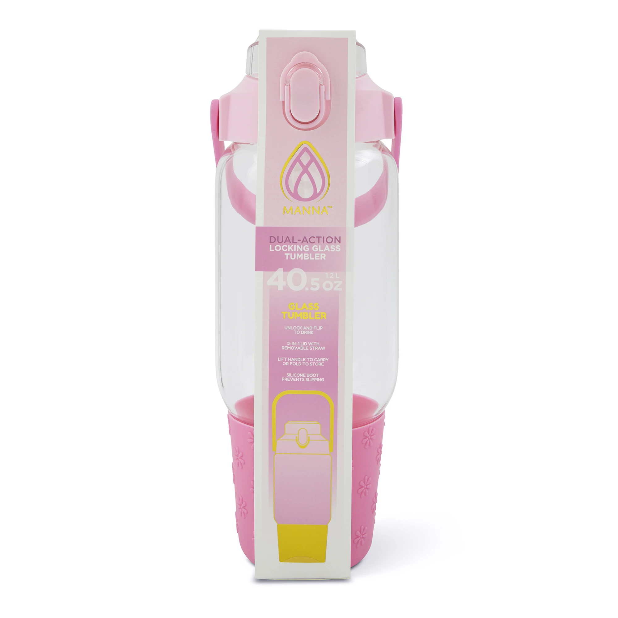 Glass Bottle Tumbler With Pink Flora Design - 40.5 Oz