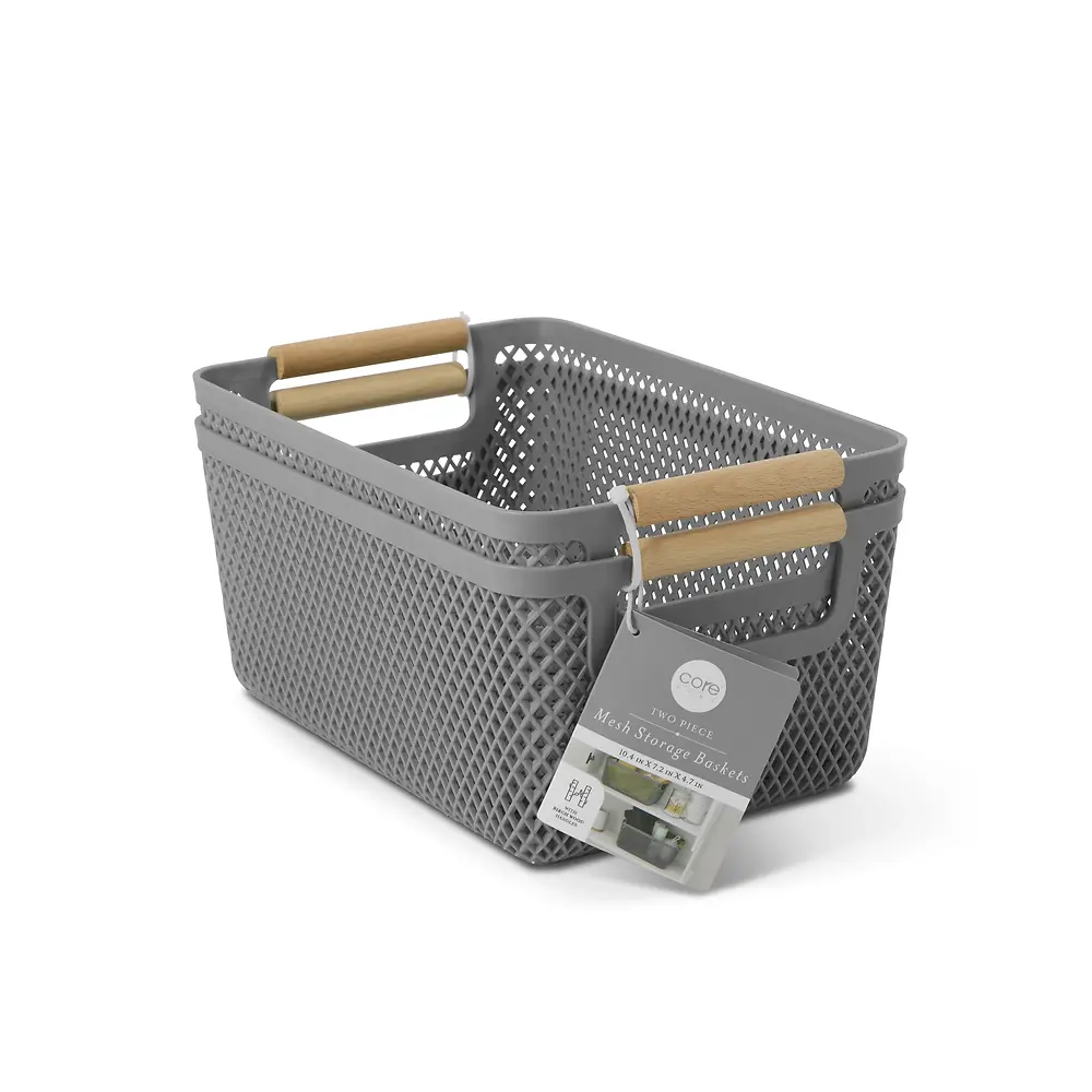 Small Polypropylene Mesh Baskets with Wooden Handle - 2 Pack 