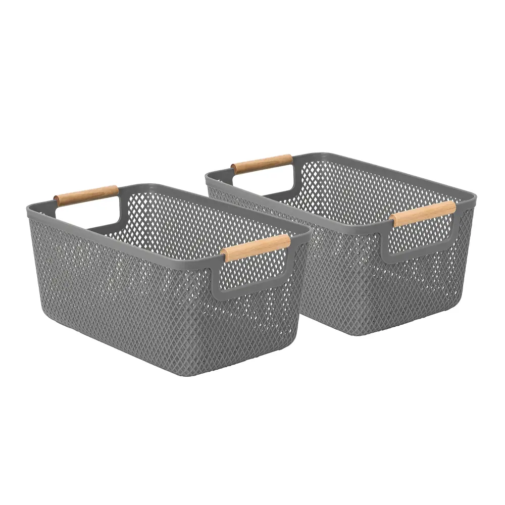Medium Polypropylene Mesh Baskets with Wooden Handle - 2 Pack 