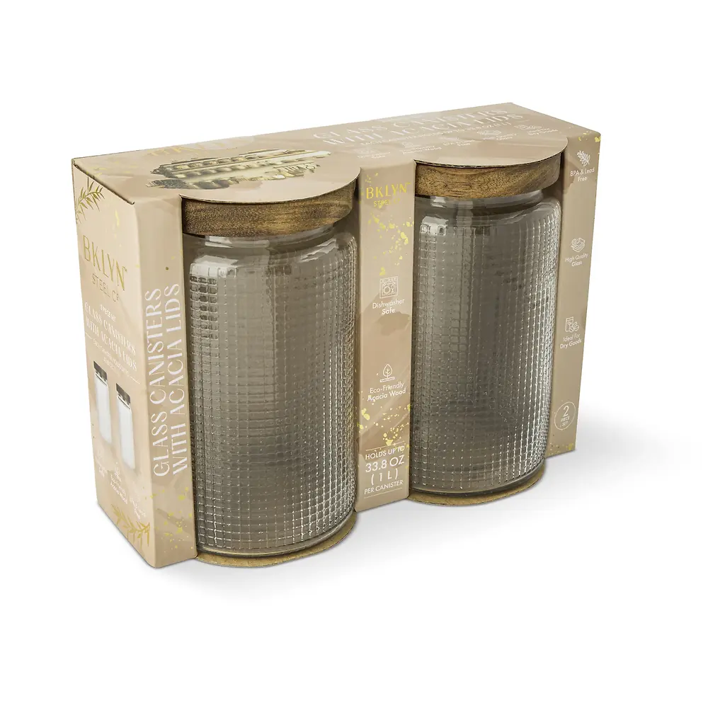 Studded Glass Canisters 2 Pack with Acacia Lids - 1 Liter
