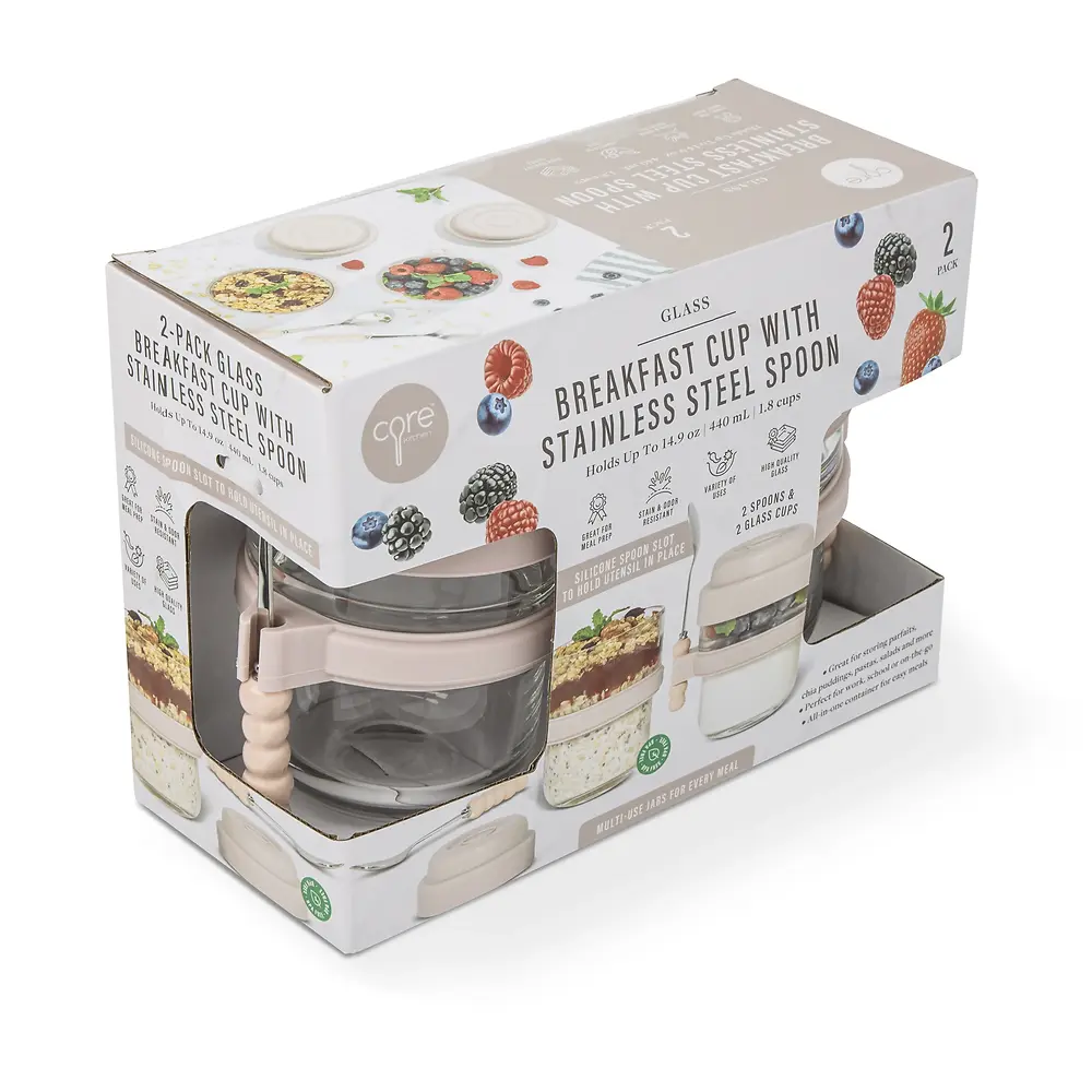 Glass Breakfast Cup 2 Pack  with Stainless Steel Spoon - 1.8 cups