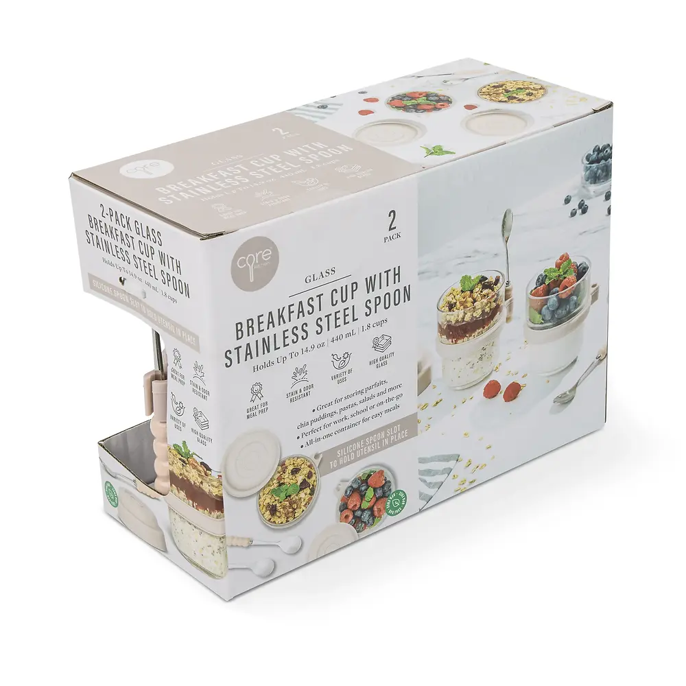 Glass Breakfast Cup 2 Pack  with Stainless Steel Spoon - 1.8 cups