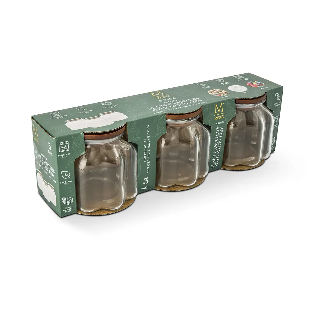 Scallop 3 Pack Canisters With Wood Lids - 1.9 Cups 