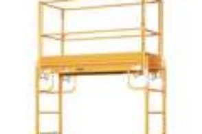 Yellow mobile rolling utility scaffold tower with safety guard rails.