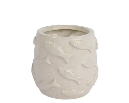 Planter Porcelain With Reactive Glaze Fish Design – Off-White