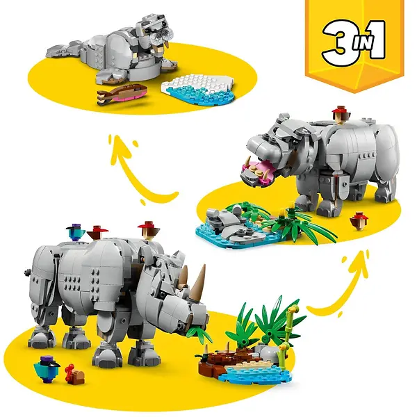 LEGO CREATOR 3-IN-1 WILD ANIMALS: MAJESTIC RHINO WITH BIRDS