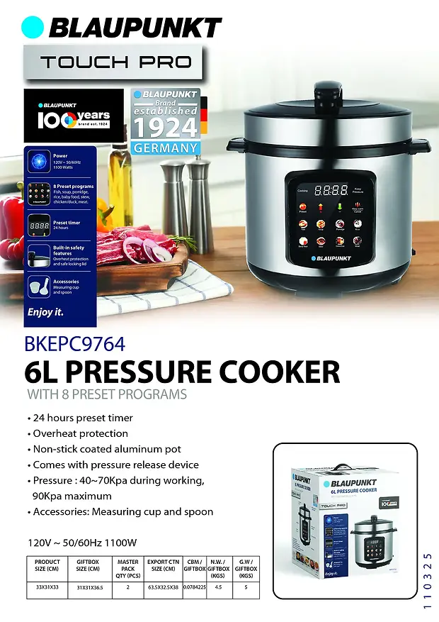 BLAUPUNKT 6L PRESSURE COOKER WITH 8 FUNCTIONS