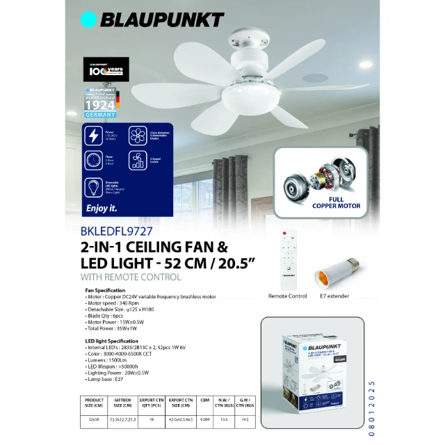BLAUPUNKT 2-IN-1 CEILING FAN & LED LIGHT - WHITE