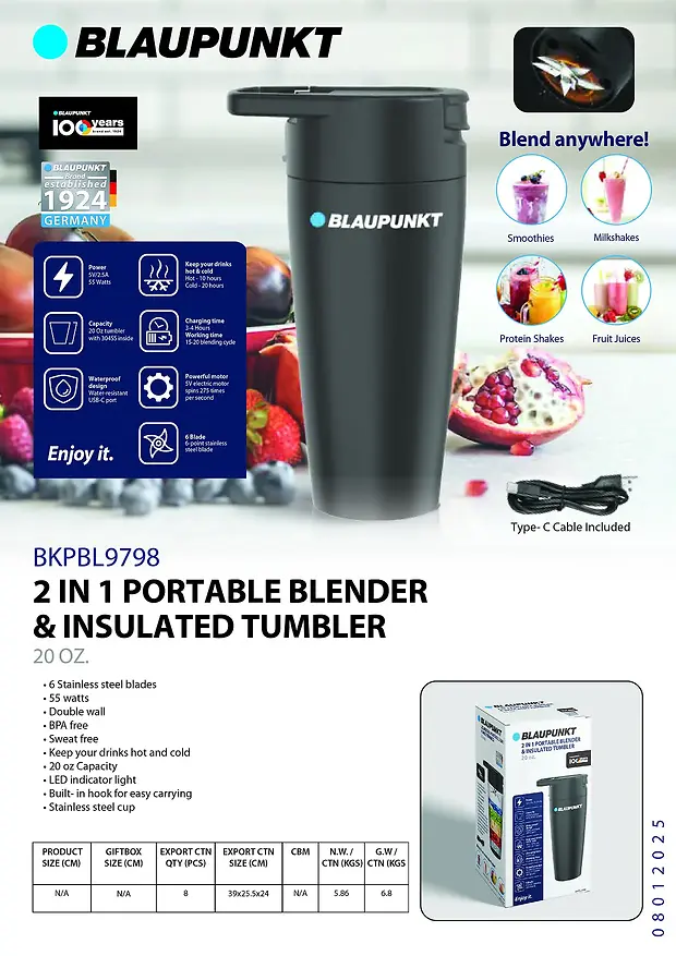 BLAUPUNKT 2 IN 1 PORTABLE BLENDER & INSULATED TUMBLER