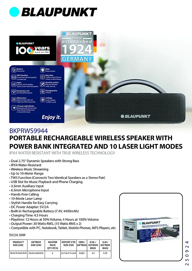 BLAUPUNKT 60W PORTABLE RECHARGEABLE WIRELESS SPEAKER