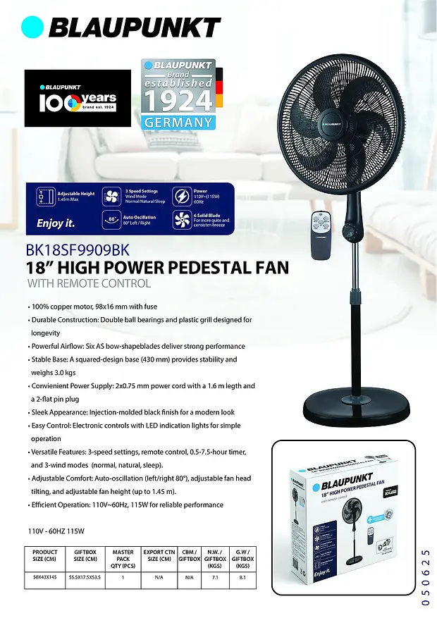 BLAUPUNKT 18" HIGH POWER PEDESTAL FAN WITH REMOTE - BLACK