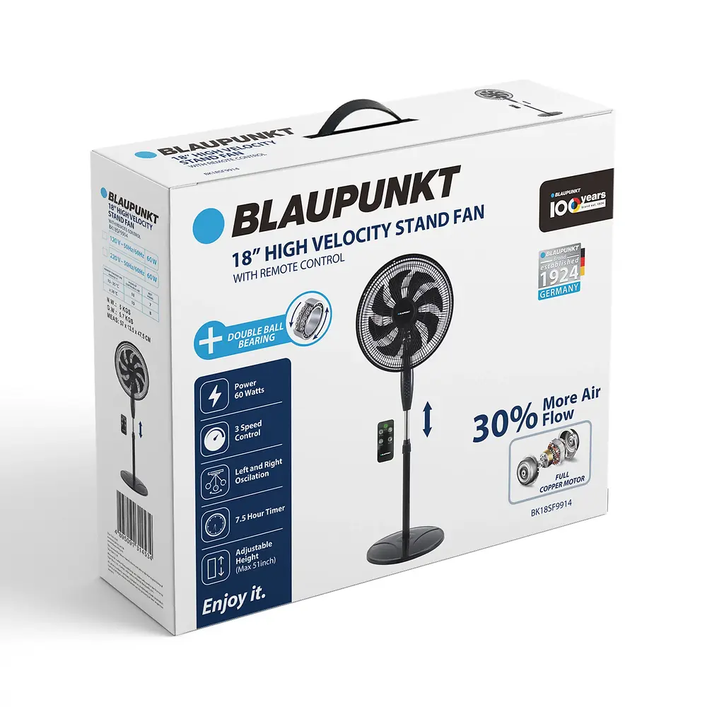 BLAUPUNKT 18" HIGH VELOCITY STAND FAN WITH REMOTE - BLACK