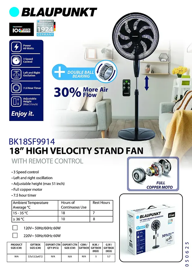 BLAUPUNKT 18" HIGH VELOCITY STAND FAN WITH REMOTE - BLACK