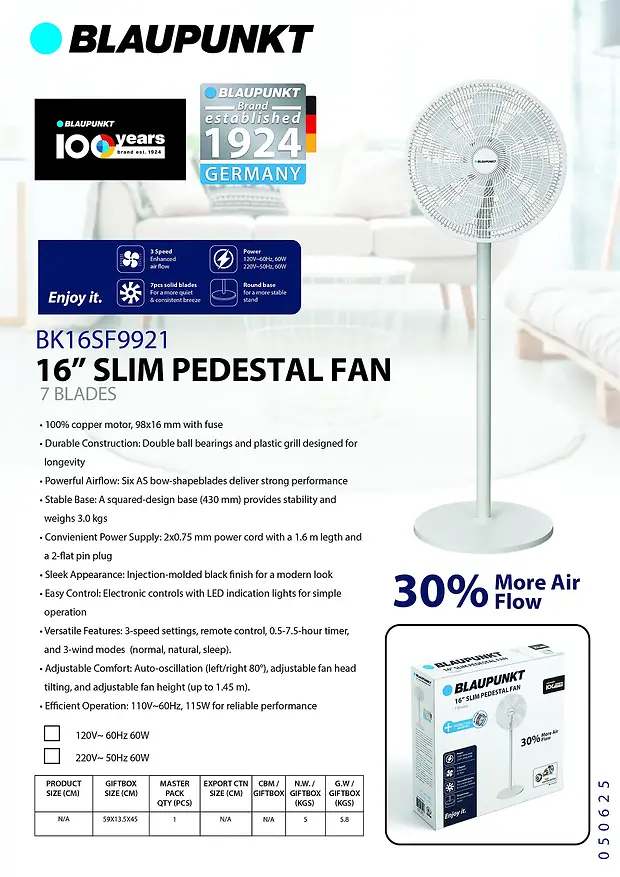 BLAUPUNKT 16" SLIM PEDESTAL FAN - WHITE