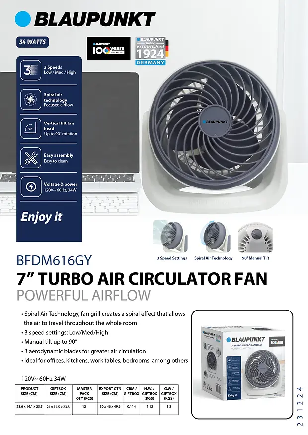 BLAUPUNKT 7" MINI JUMBO FAN - GREY