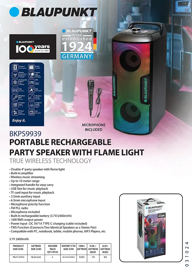 BLAUPUNKT PORTABLE RECHARGEABLE SPEAKER WITH MICROPHONE