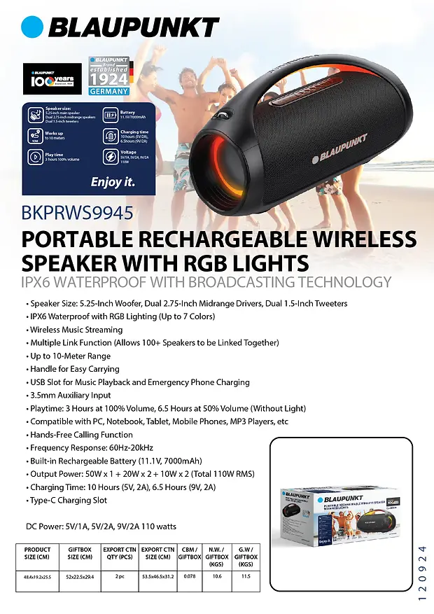 BLAUPUNKT PORTABLE RECHARGEABLE WIRELESS SPEAKER