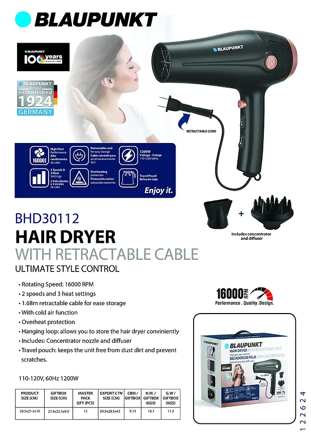 BLAUPUNKT HAIR DRYER WITH RETRACTABLE CABLE