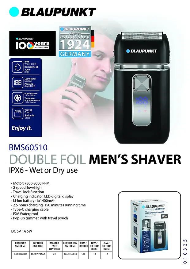BLAUPUNKT DOUBLE FOIL MEN'S SHAVER IPX6 - WET OR DRY