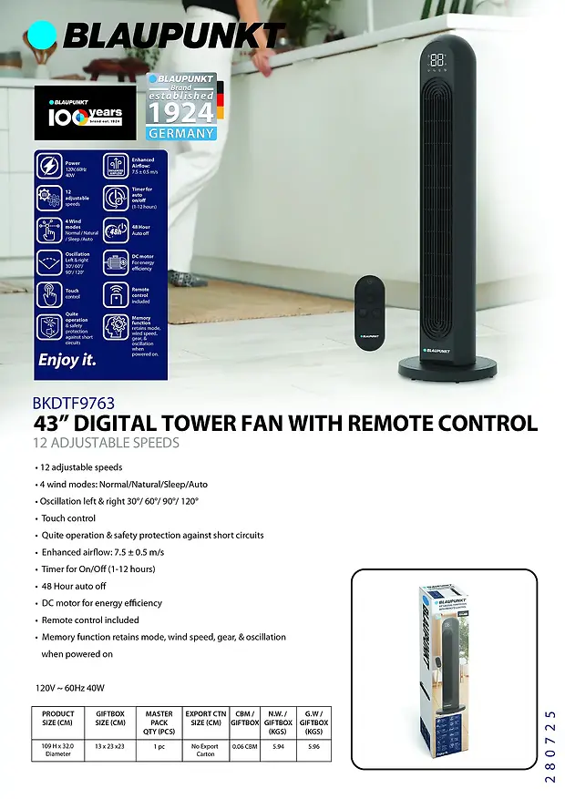 BLAUPUNKT 43" DIGITAL TOWER FAN WITH REMOTE - BLACK