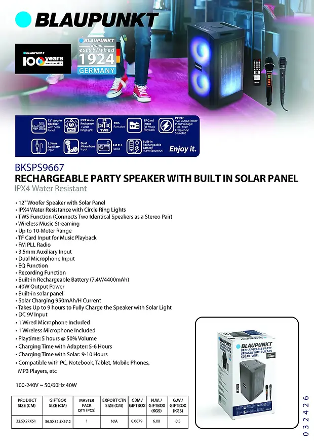 BLAUPUNKT SOLAR RECHARGEABLE PARTY SPEAKER