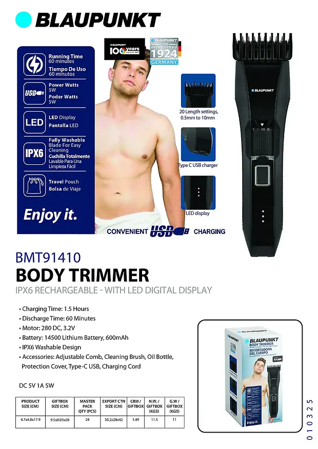 BLAUPUNKT RECHARGEABLE BODY TRIMMER WITH DIGITAL DISPLAY