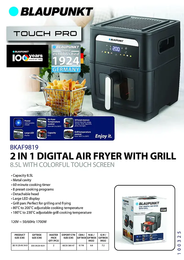 BLAUPUNKT 2 IN 1 DIGITAL AIR FRYER WITH GRILL 8.5L