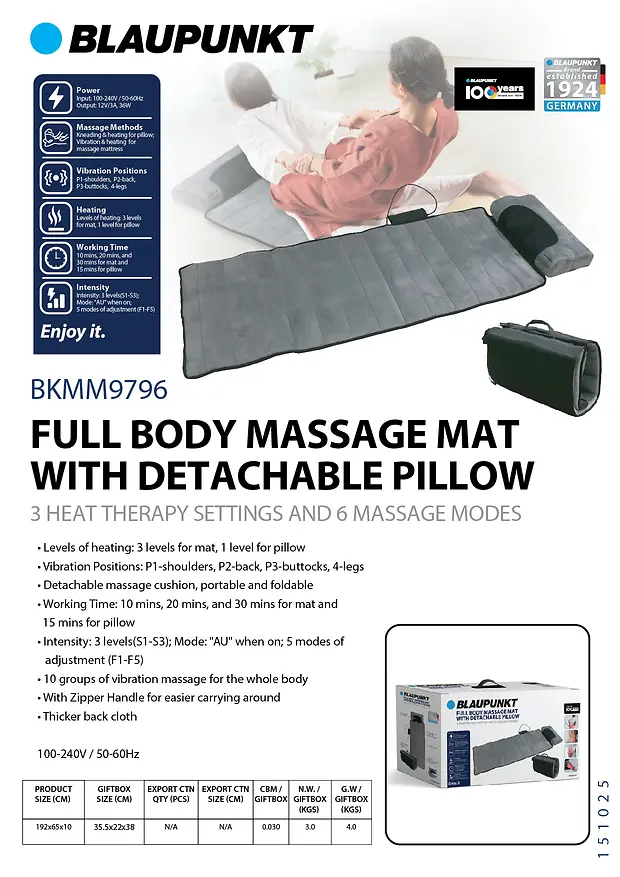 BLAUPUNKT MASSAGE MAT WITH DETACHABLE PILLOW