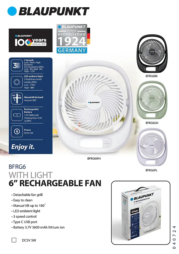 BLAUPUNKT 6" RECHARGEABLE FAN WITH LIGHT