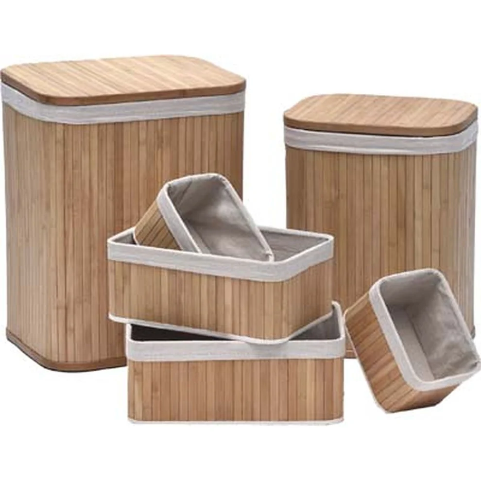 SET OF 6 BAMBOO BASKETS - BAMBOO/LINEN - WHITE
