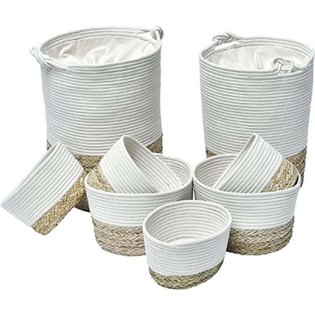 SET OF 8 COTTON/SEAGRASS BASKETS - WHITE