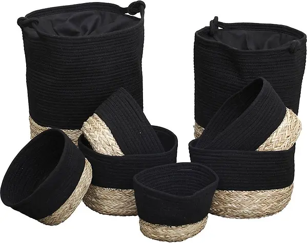 SET OF 8 COTTON/SEAGRASS BASKETS - BLACK