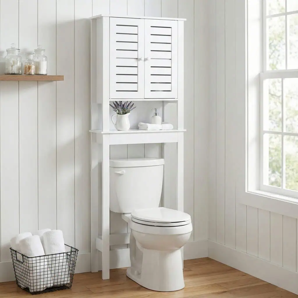 MDF TOILET RACK WITH 2 DOORS & OPEN SHELF - WHITE