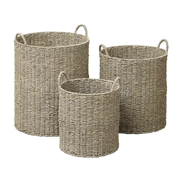 SET OF 3 ROUND SEAGRASS LAUNDRY BASKETS
