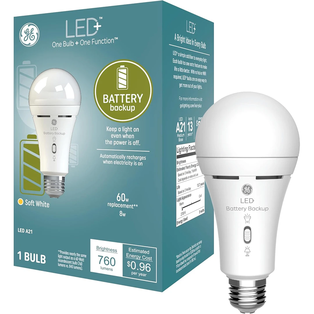 GE LED 8W A21 BULB 2700K 760LM + BATTERY BACK-UP